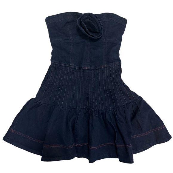 ANTHROPOLOGIE Maeve Rosette Strapless Fit & Flare Denim Mini Dress 4 - Picture 4 of 8